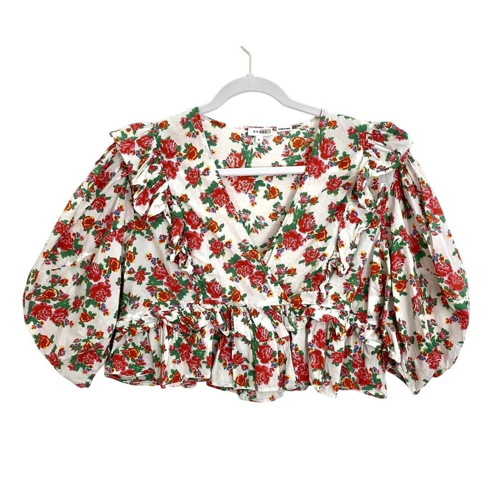 RHODE Elodie Top Floral Ruffle Cotton Cropped Blouse Puff Sleeve Tuckernuck - Picture 5 of 8
